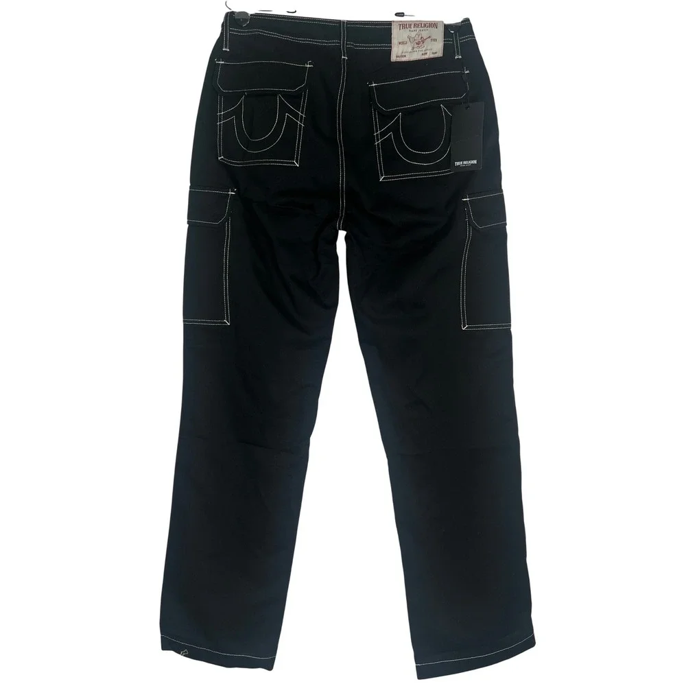 NWT True Religion Mens Black Contrast Stitch Cargo Pants 32 Straight Leg